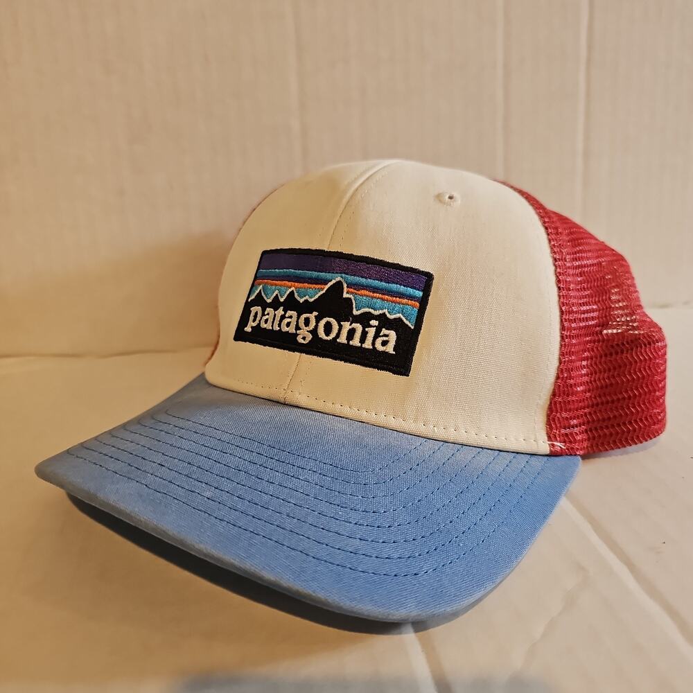 Patagonia Hat Cap Snap Back Mens red Mesh blue Brim Logo Trucker Baseball P6